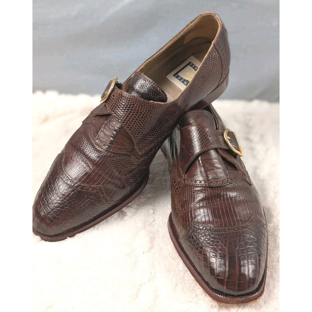 David Eden Mens 9 Brown Exotic Leather Lizard Croc Monk Strap Wingtip Dress...